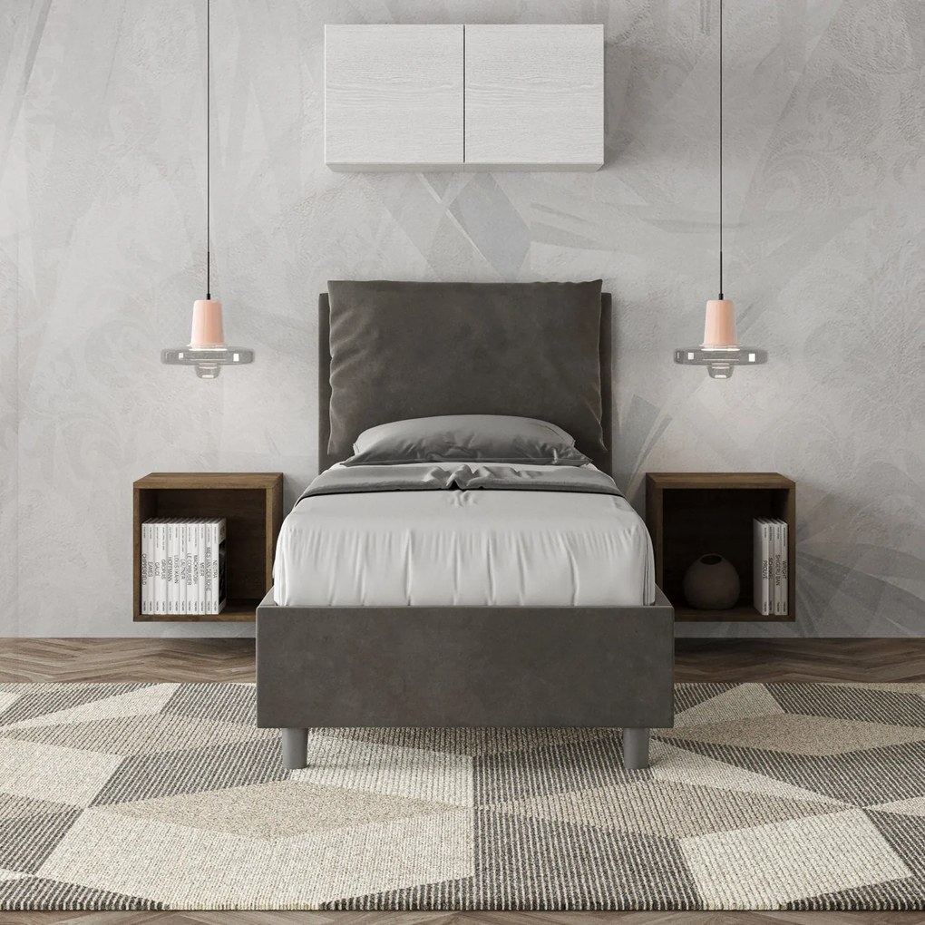 Letto singolo imbottito 80x210 microfibra Antea senza rete, con rete e contenitore, Grigio / Contenitore