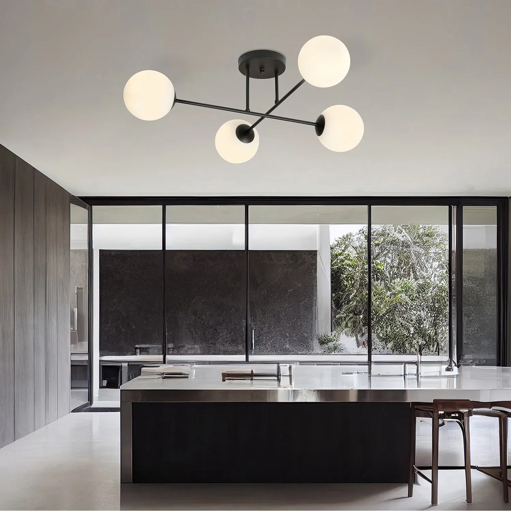 Plafoniera Moderna Morrigan 4 Luci In Acciao Nero E Sfere In Vetro Bianco