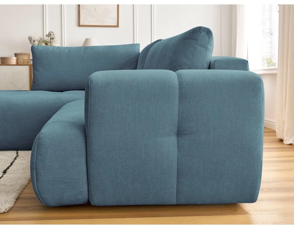 Divano angolare blu allungabile e con contenitore (penisola a sinistra/a L) con rivestimento in ciniglia Fuji – Bobochic Paris