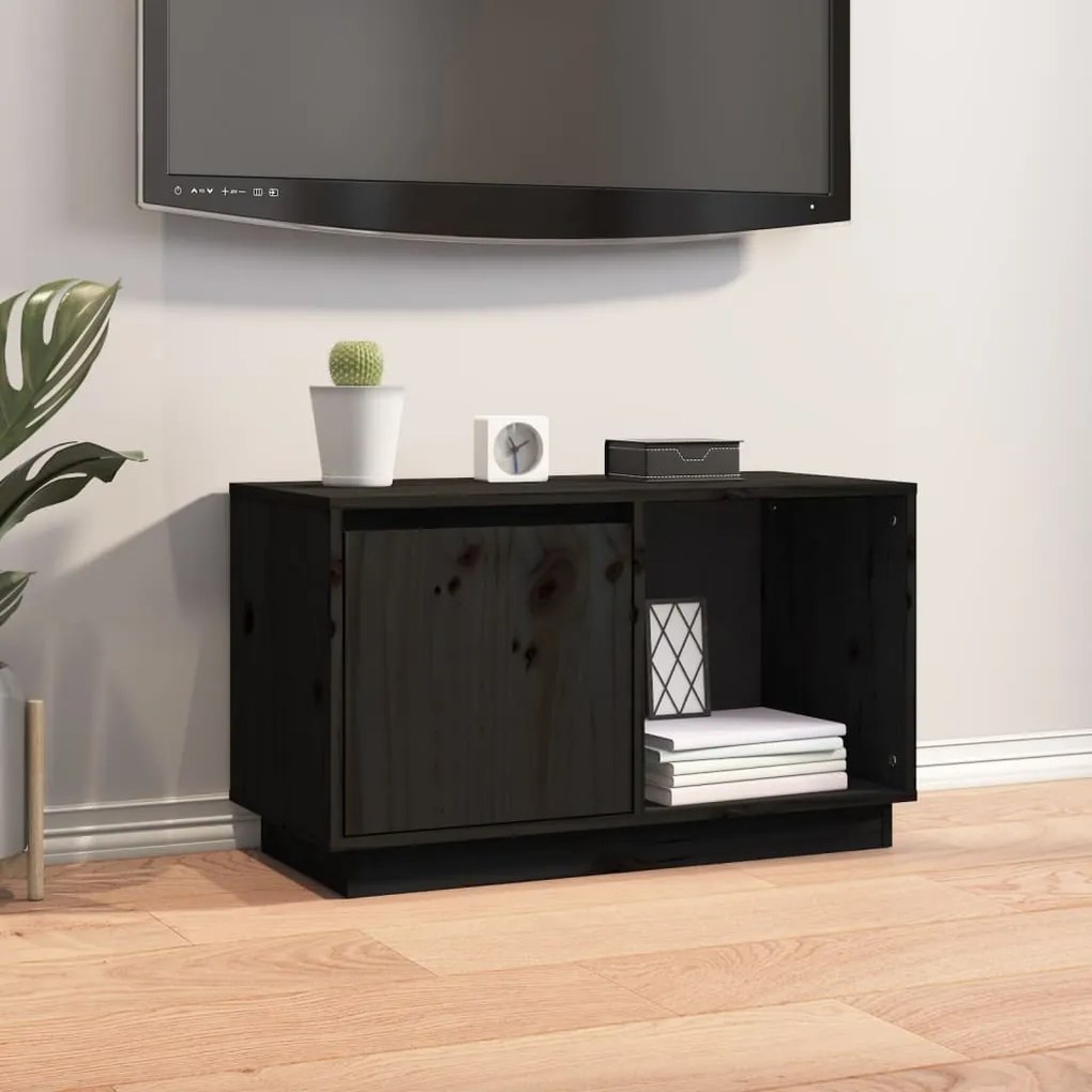 Mobile Porta Tv Nero 74x35x44 Cm İn Legno Massello Di Pino /