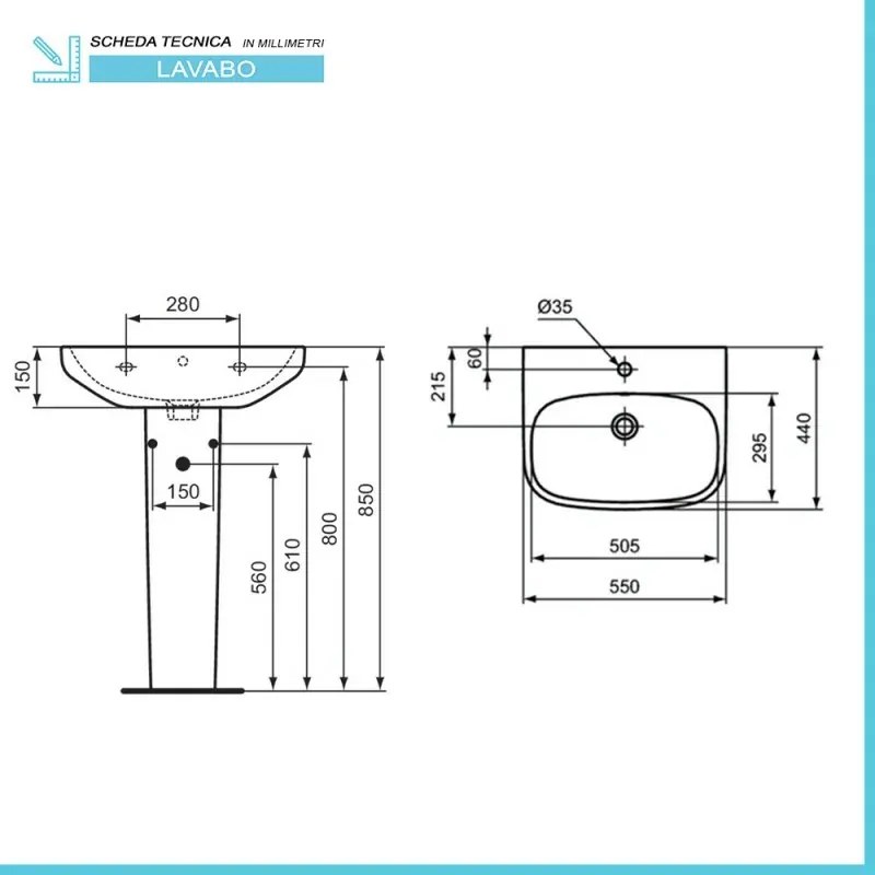 Lavabo Ideal Standard 55 cm con colonna in ceramica lucida I.Life A