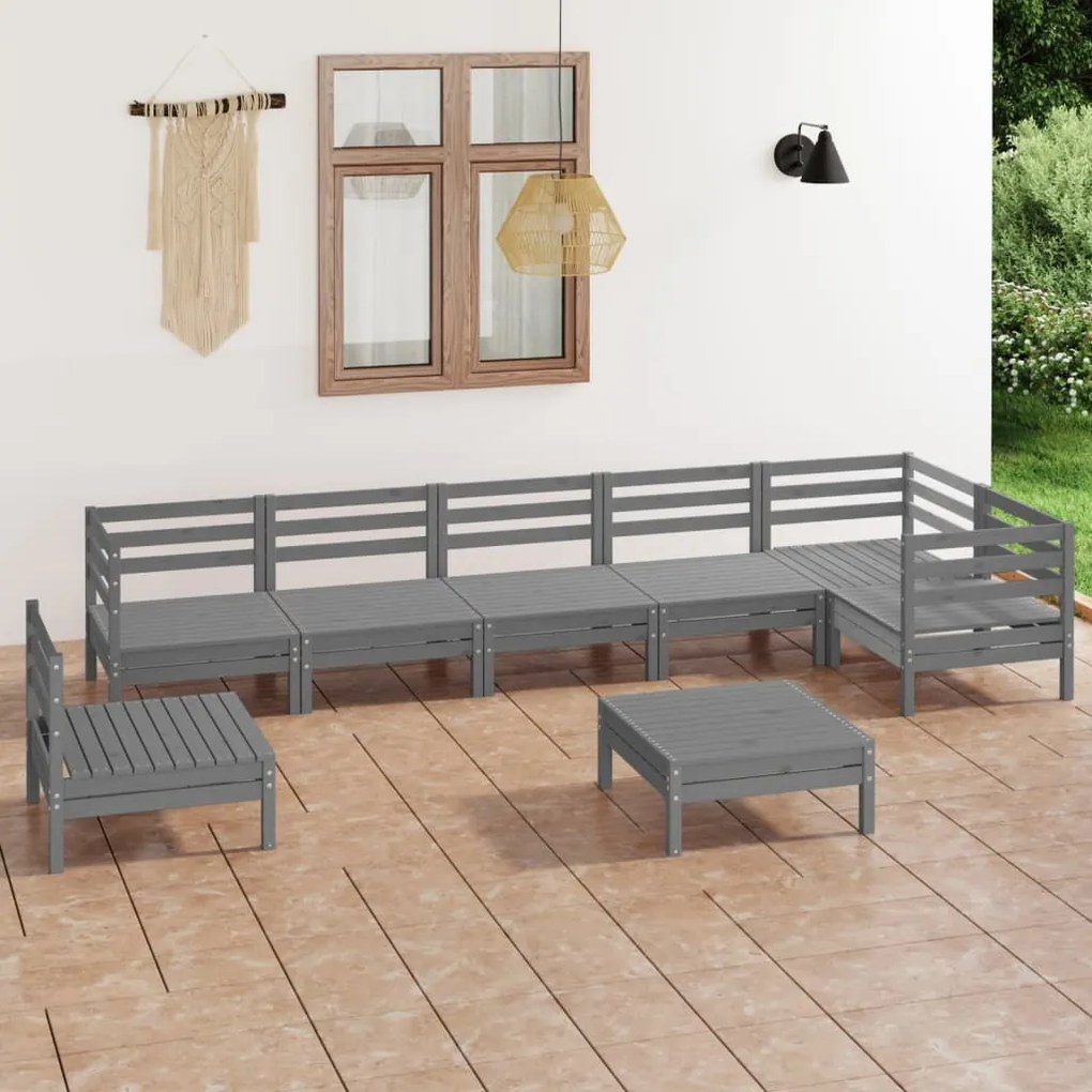 Set Salotto da Giardino 8 pz in Legno Massello di Pino Grigio