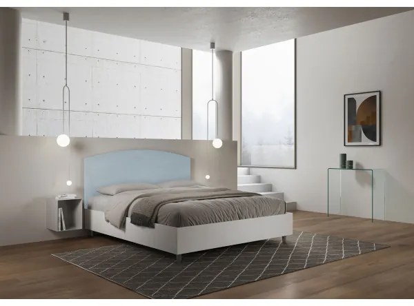 Letto contenitore da 160x190 in legno bianco e testata in microfibra azzurro Antilia