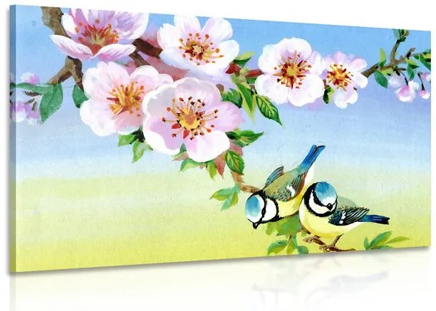 Quadro su tela – Cince e fiori in fiore
