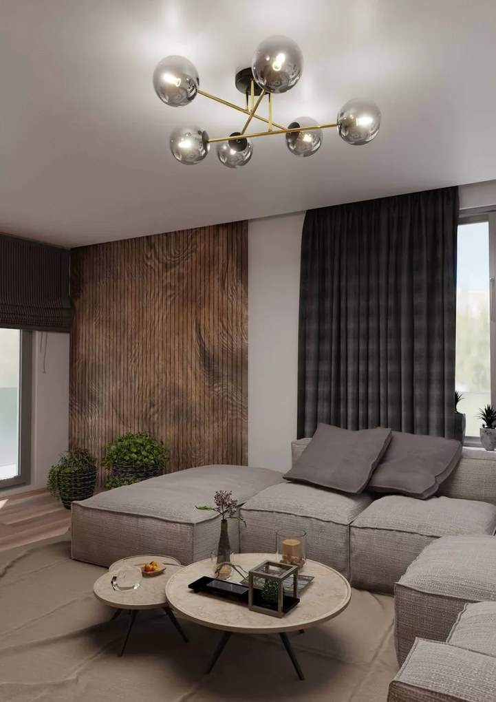 Lampadario Magnum Nero e Oro con 6 Sfere Grafite E14 da soffitto
