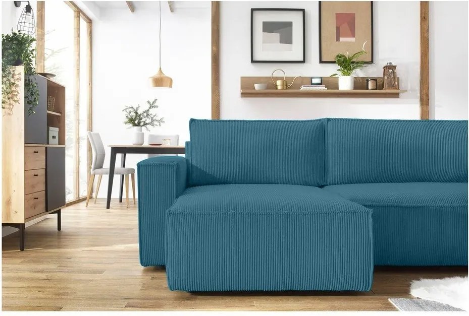 Divano angolare turchese allungabile con rivestimento in velluto a coste Nihad – Bobochic Paris