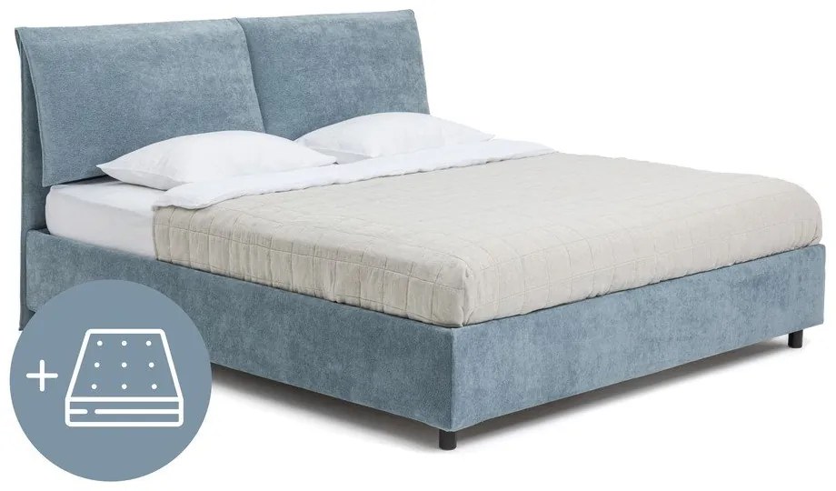 Letto matrimoniale imbottito blu con contenitore, materasso e rete inclusi 160x200 cm Myra Pillow – Bonami Selection