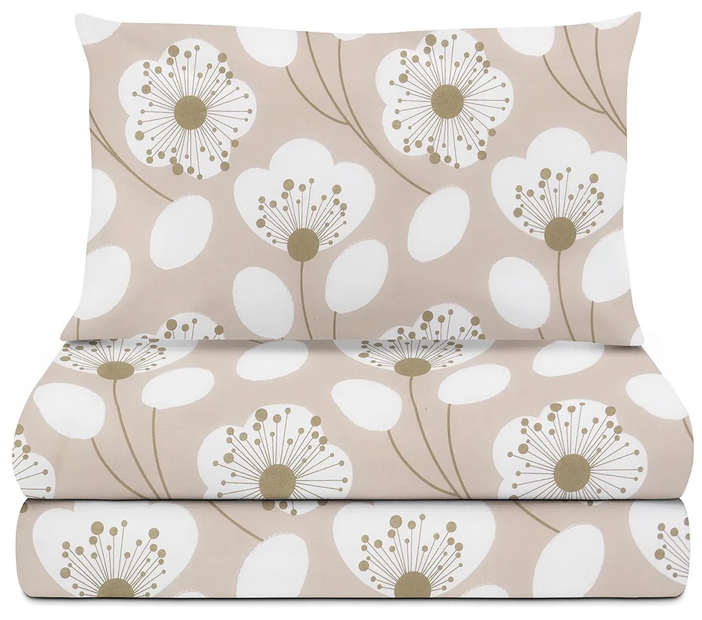 Completo letto 1 piazza e mezza beige fiori bianchi
