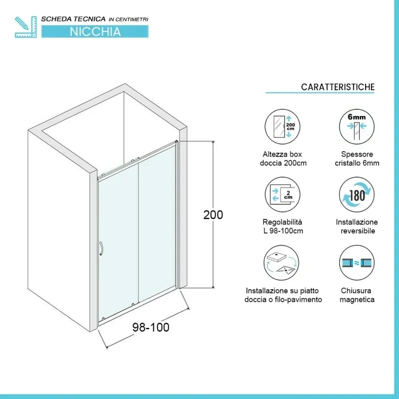 Porta doccia nicchia 100 cm scorrevole con vetro in cristallo trasparente Ted