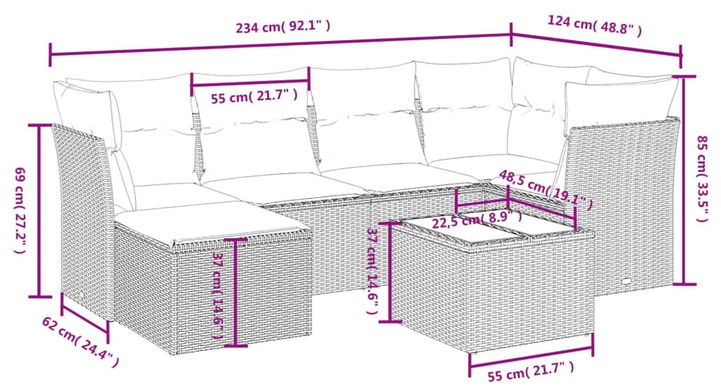 Set divani da giardino con cuscini 7pz nero polyrattan