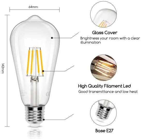 Lampadina LED FILAMENT ST64 E27/6W/230V 2700K - Aigostar