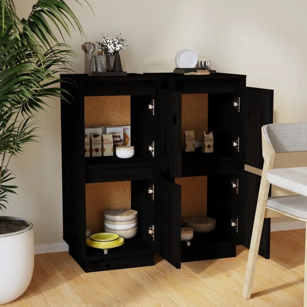 Credenze 2 pz nero 31,5x34x75 cm in legno massello di pino
