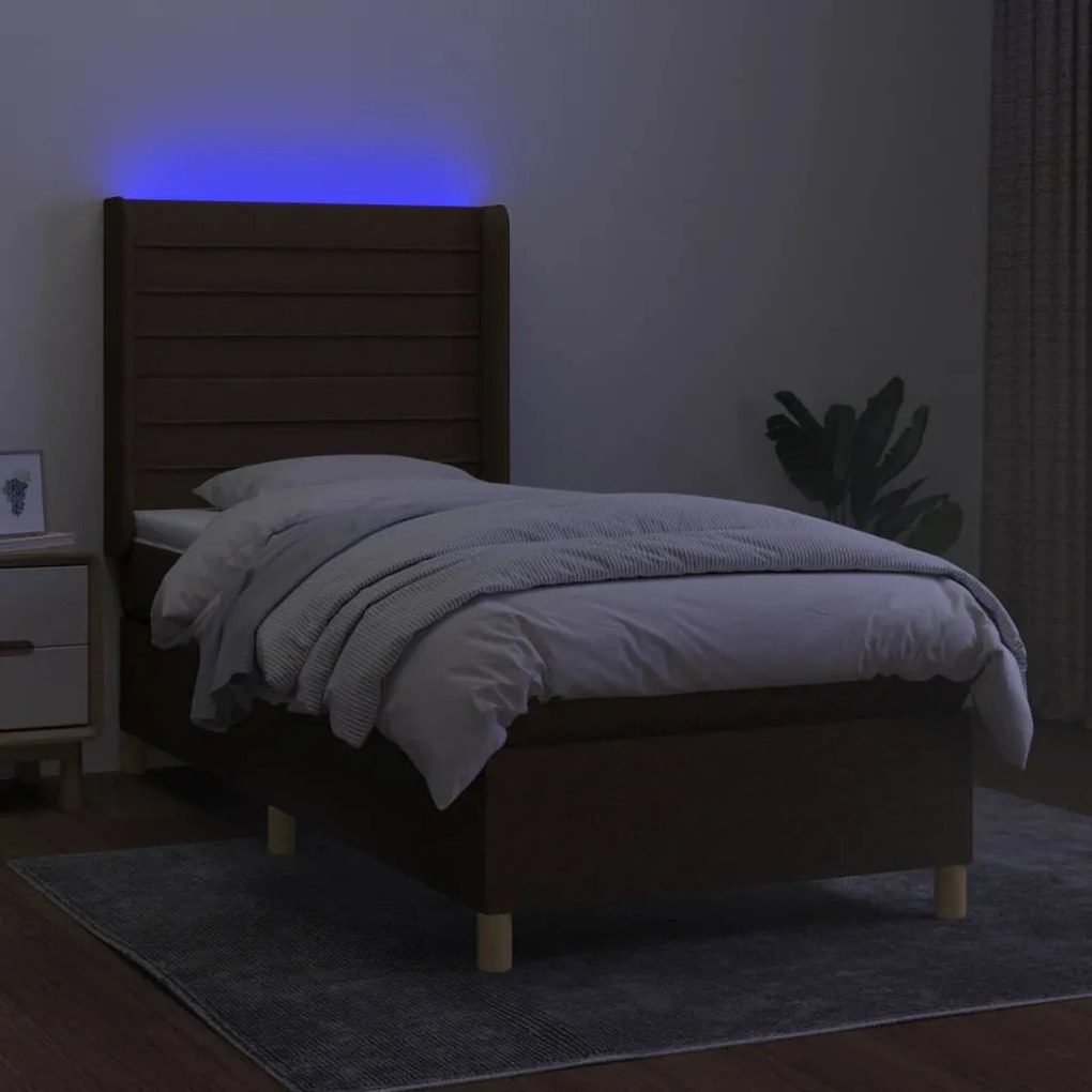 Letto a molle materasso e led marrone scuro 80x200cm in tessuto