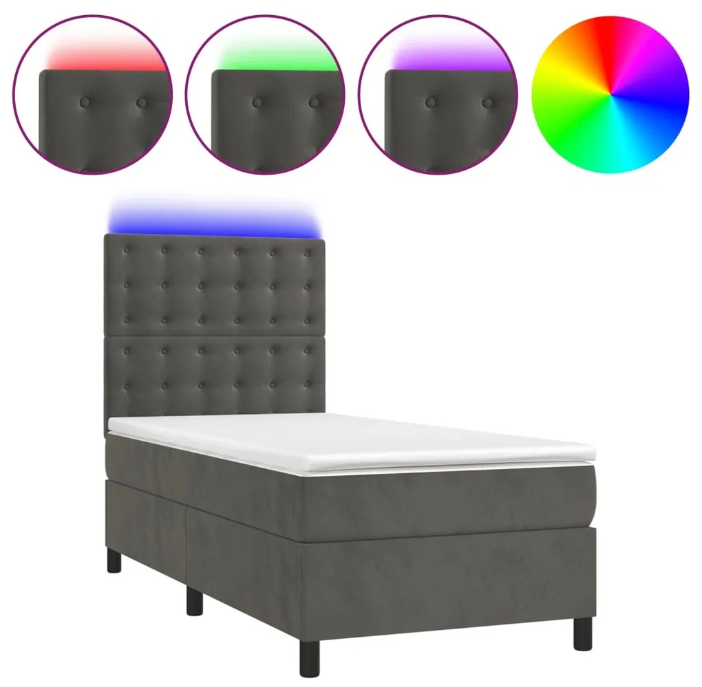 Letto a molle con materasso e led grigio scuro 90x190cm velluto
