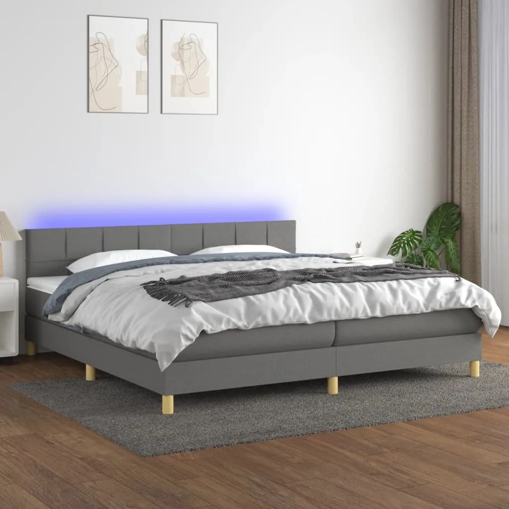 Letto a molle materasso e led grigio scuro 200x200cm in tessuto