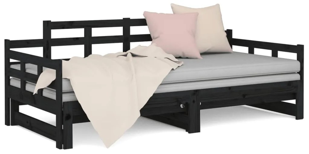 Dormeuse estraibile nera in legno massello di pino 2x(90x200)cm
