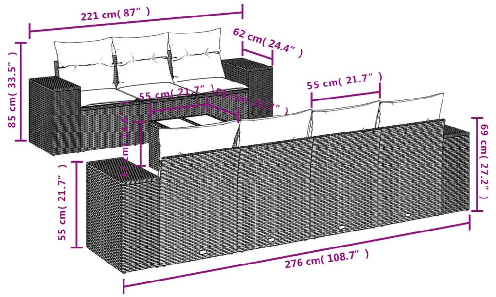 Set divano da giardino 8pz con cuscini grigio chiaro polyrattan