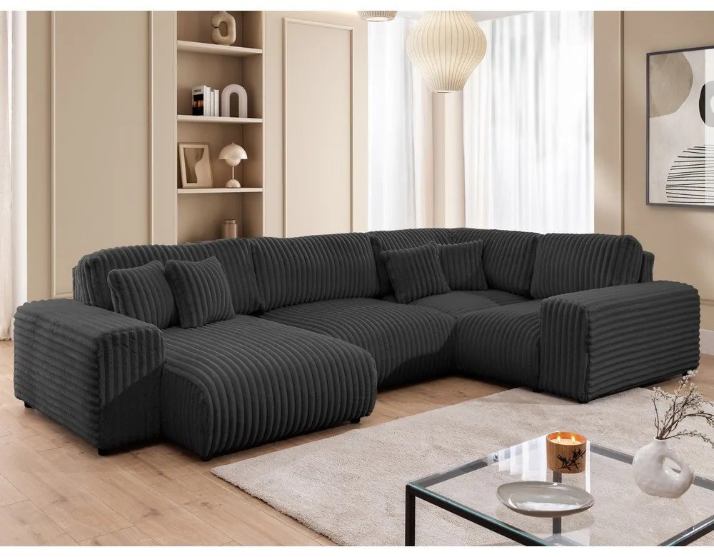 Divano angolare grigio scuro (con penisola a destra/a U) rivestito in velluto a coste Justin – Ropez