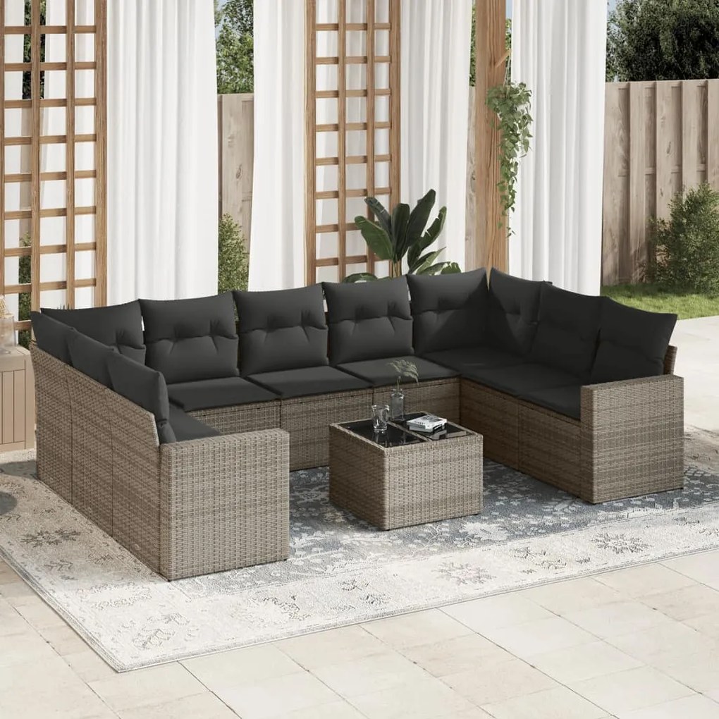 Set divano da giardino 10 pz con cuscini grigio in polyrattan