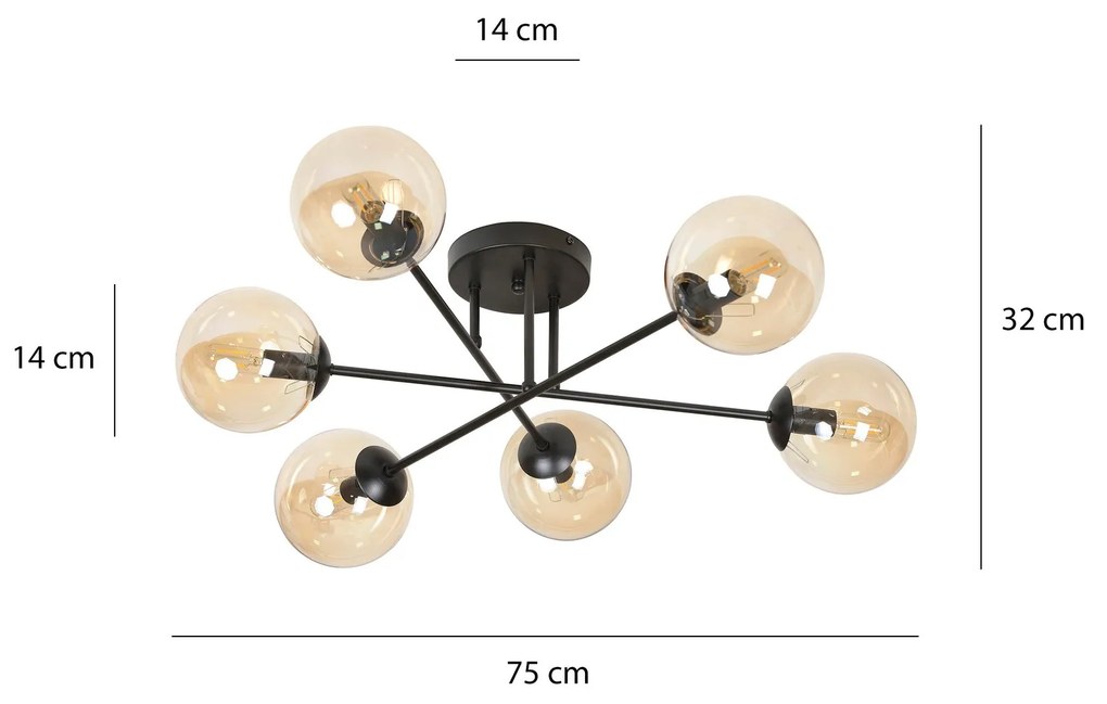 Plafoniera 6 Luci Brandi In Acciaio Nero A Bracci E Sfere In Vetro Ambra