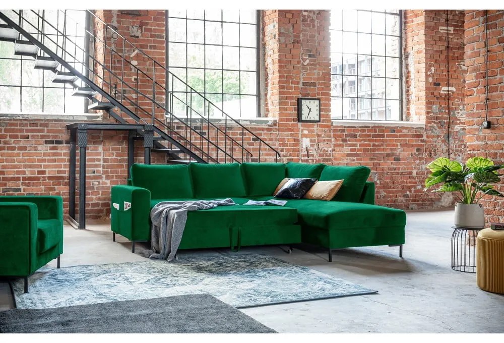 Divano letto angolare in velluto verde scuro (angolo destro) Lofty Lilly - Miuform