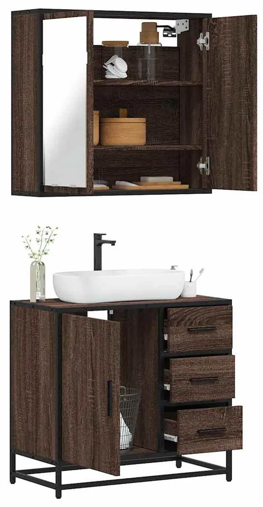 Set Mobili Da Bagno 2 Pz Rovere Marrone İn Legno Multistrato /