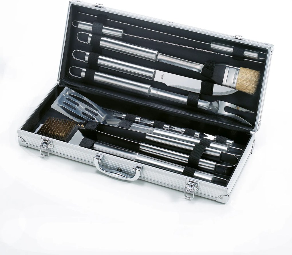 Set Valigetta Accessori per Barbecue Ompagrill in Alluminio da 12 Pezzi in Acciaio Inox...