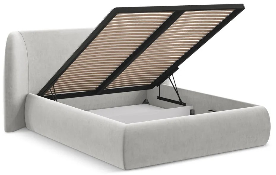 Letto matrimoniale imbottito grigio chiaro con contenitore con griglia 140x200 cm Hauke - Makamii