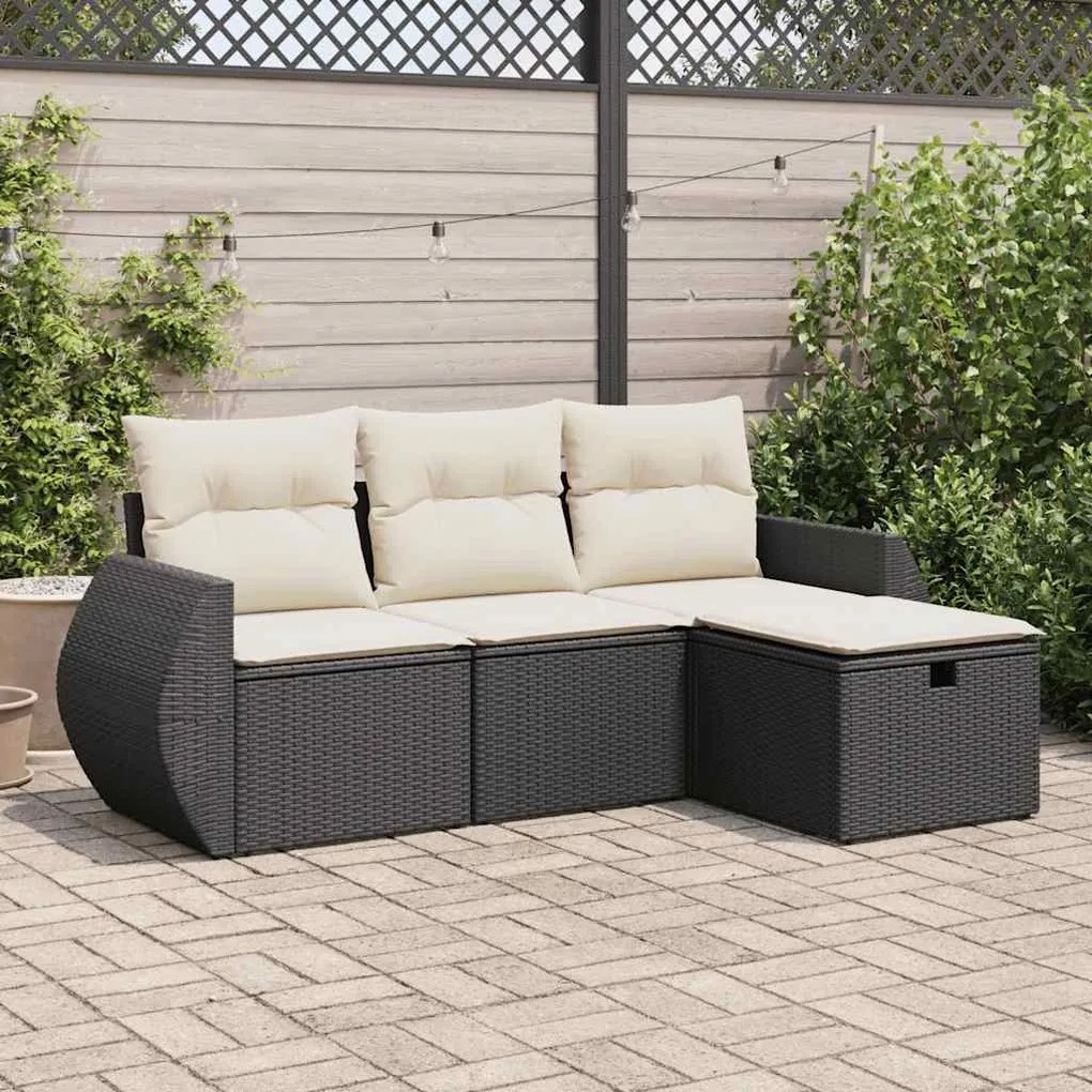 Set divani da giardino 4 pz con cuscini nero in polyrattan
