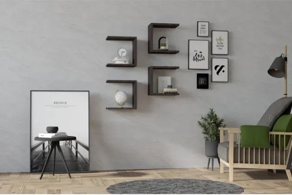 Set 4 Mensole A Parete Design Moderno Rovere Scuro Effetto Legno Base