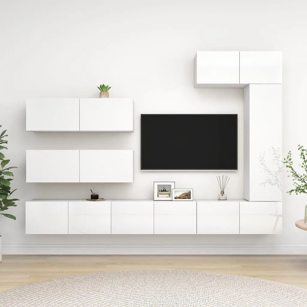 Set di mobili porta tv 7 pz bianco lucido in legno multistrato