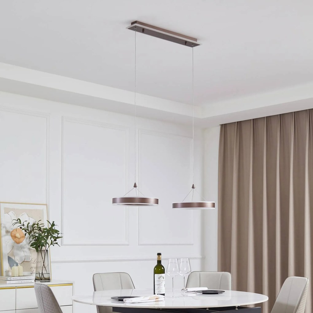 Lucande Lampada LED a sospensione Kolo, 86 cm, a 2 luci, marrone, dimmerabile