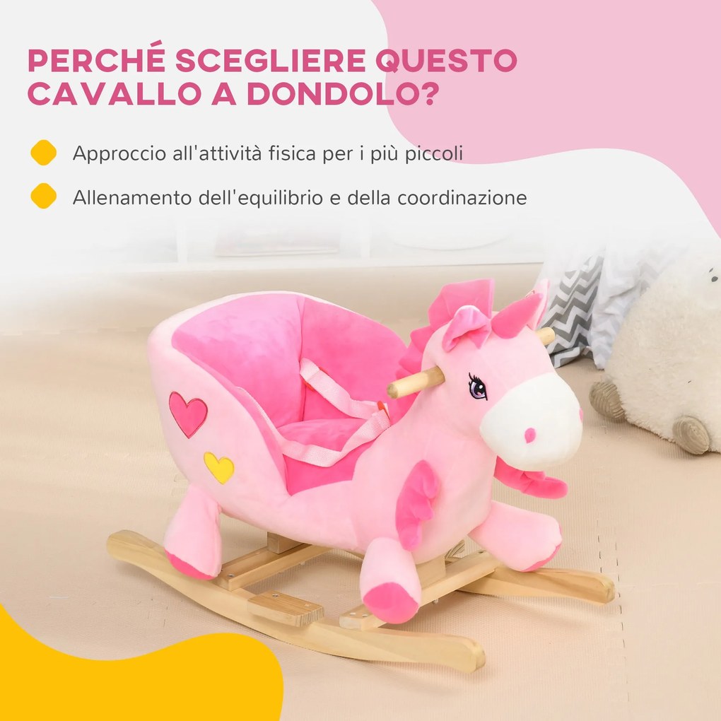 Unicorno a Dondolo Cavalcabile Peluche con 32 Canzoni 65x35x45 cm con Cintura di Sicurezza Rosa...