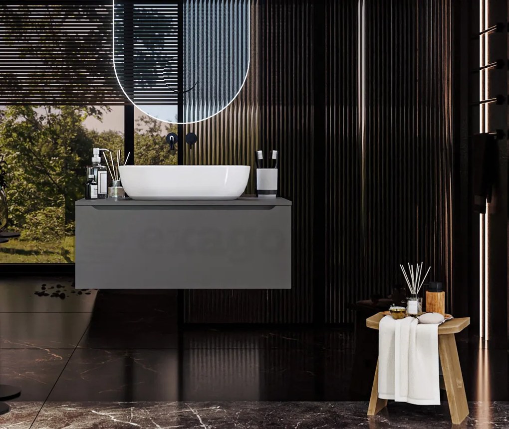 Mobile Bagno grigio opaco 90x50 Amalfi Con Un Cassetto e Lavabo da appoggio in ceramica