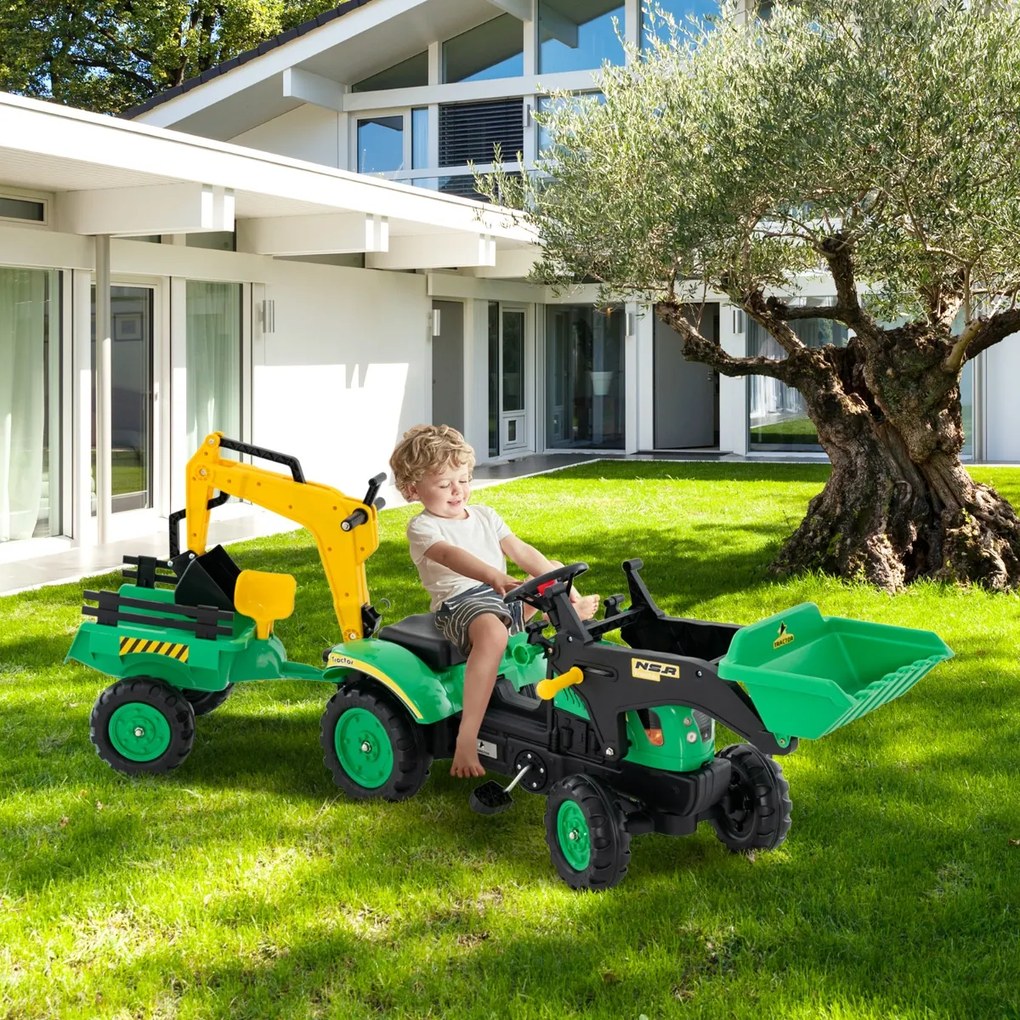 Costway Escavatore a pedali per bambini con 6 ruote rimorchio staccabile e 2 benne, Ruspa per bambini 3-6 anni 2 Colori