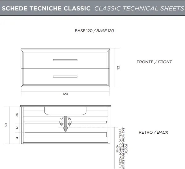 Mobile da bagno sospeso moderno base 120 CLASSIC con 2 cassetti e lavabo, ANTRACITE OPACO