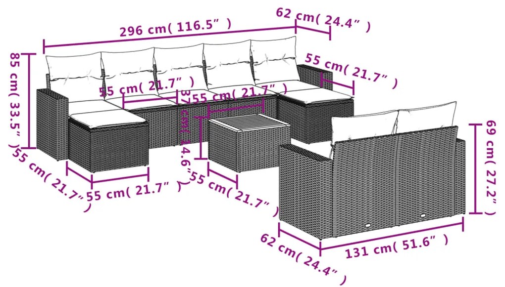 Set Divano da Giardino 10 pz con Cuscini Grigio in Polyrattan