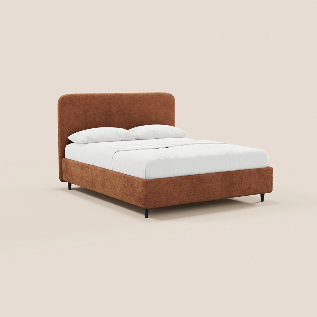 KAELOS letto minimal imbottito - vano contenitore, piedi alti e testiera arrotondata in tessuto ciniglia
