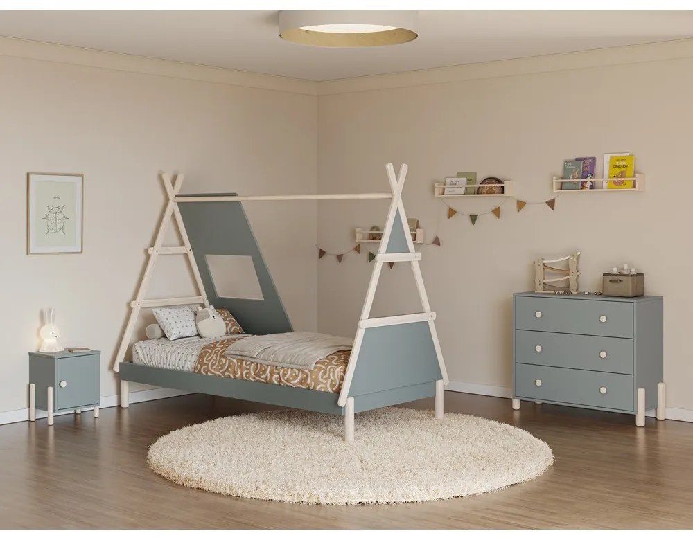 Letto da bambini a forma di casa verde polveroso in pino massiccio con rete inclusa 90x200 cm Enola – Marckeric