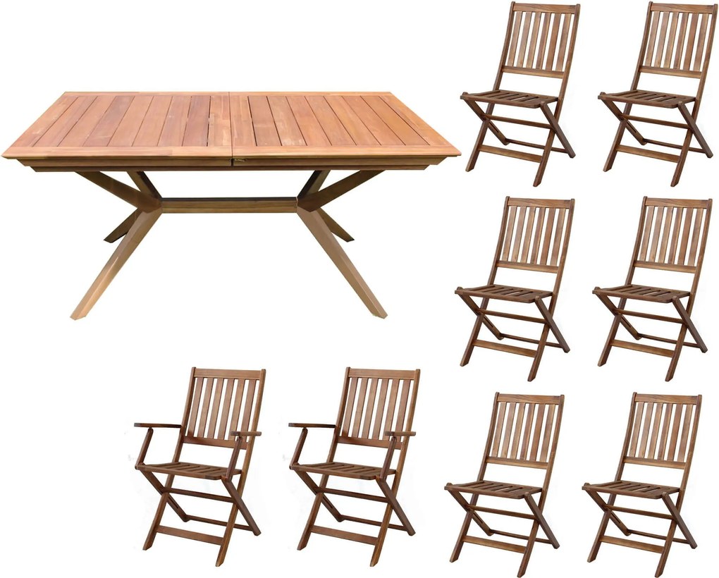 CAESAR - set tavolo in legno massiccio di acacia cm 150/200 x 90 x 78 h con 6 sedie e 2 poltrone Dresda