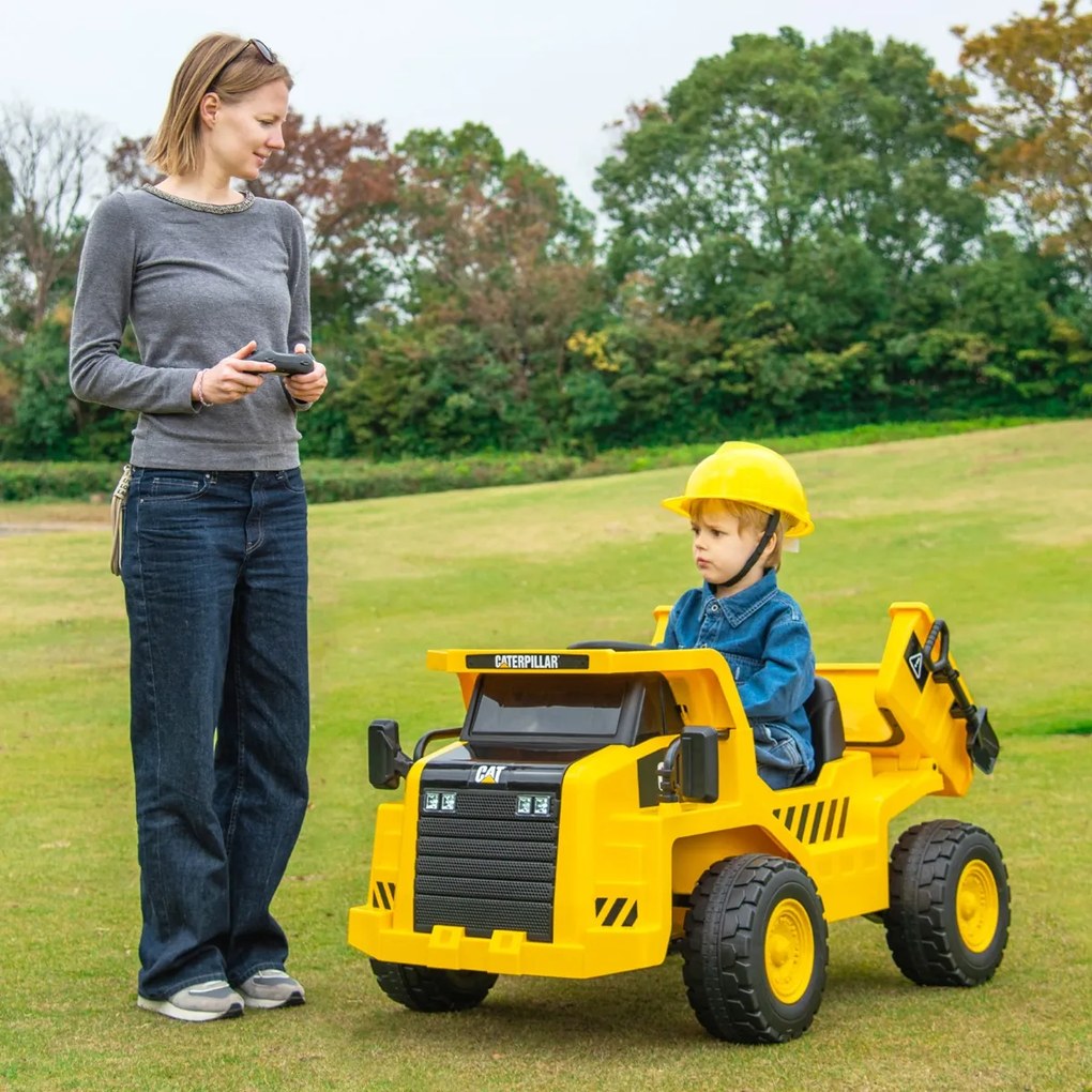 Costway Caterpillar cavalcabile per bambini dump truck, Veicolo da costruzione elettrico da 12v con cassone basculante Giallo