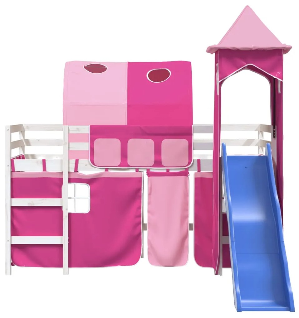 Letto a soppalco con torre bambini rosa 80x200cm massello pino