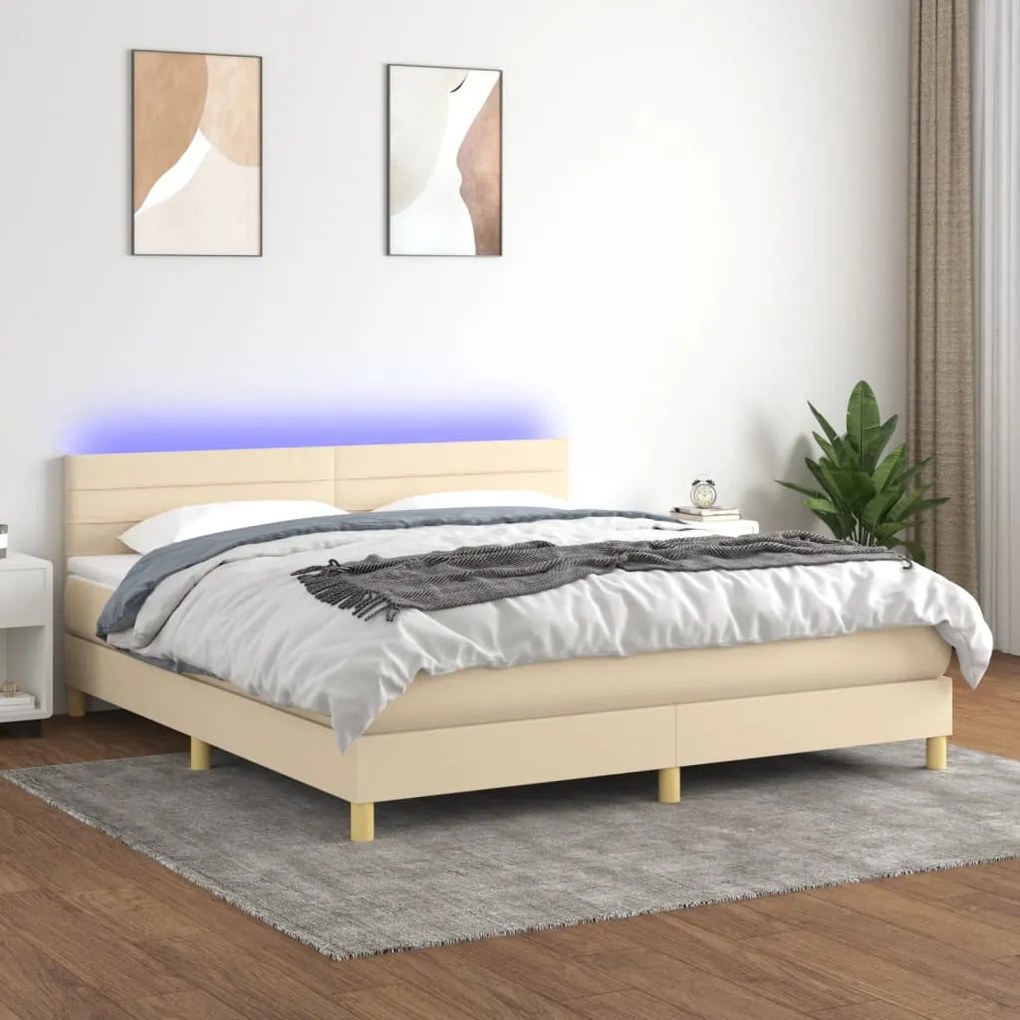 Letto a molle con materasso e led crema 180x200 cm in tessuto