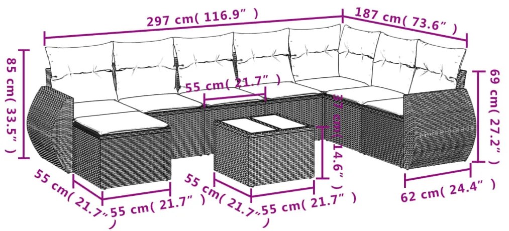 Set divani da giardino con cuscini 8 pz nero in polyrattan