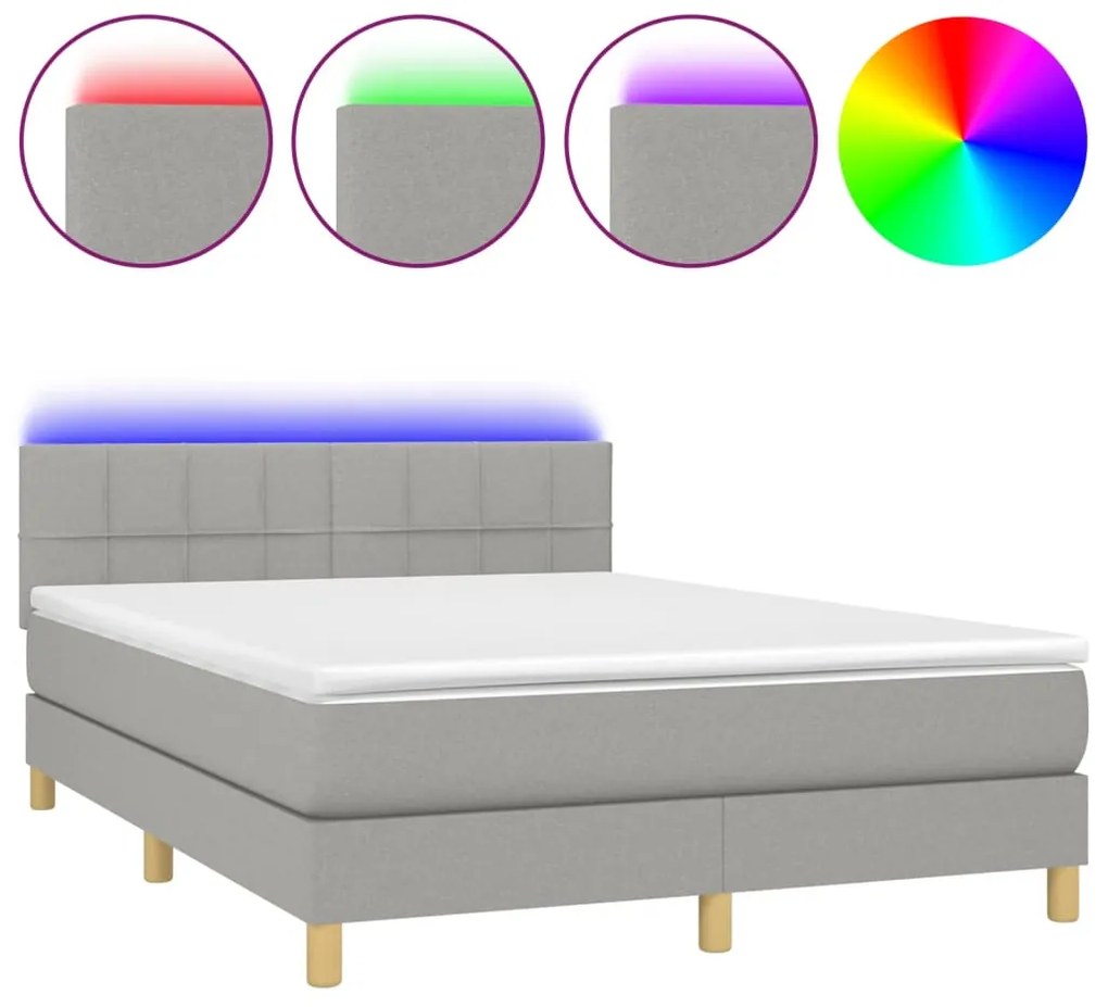 Letto a molle materasso e led grigio chiaro 140x190 cm tessuto