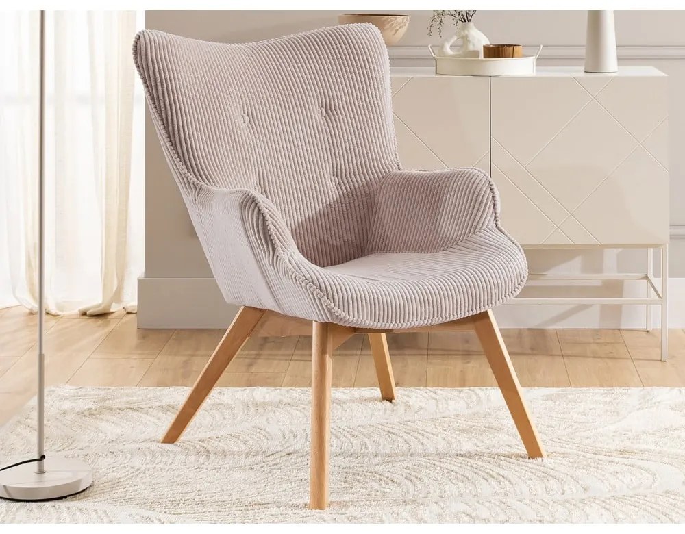 Poltrona rosa chiaro con rivestimento in velluto a coste Niko – Ropez