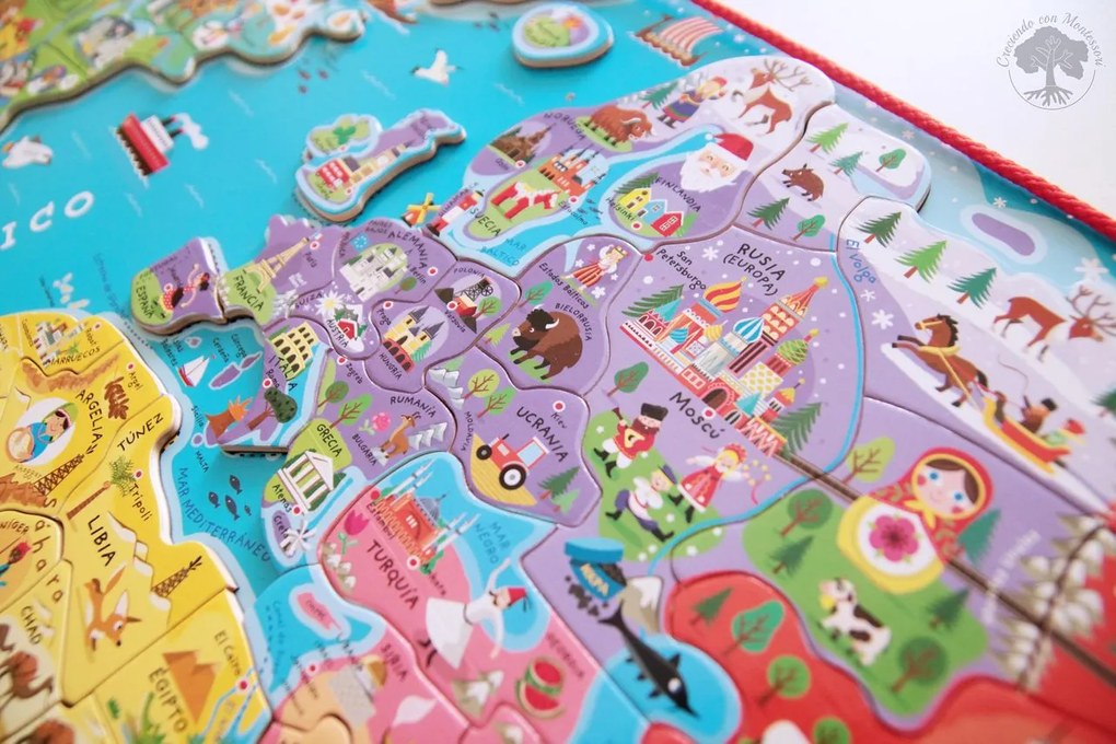 Mappa del mondo - Puzzle magnetico 92 pezzi (versione inglese) - legno