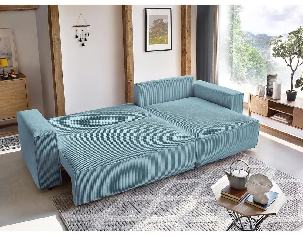 Divano letto a coste blu chiaro ad angolo variabile Nihad - Bobochic Paris