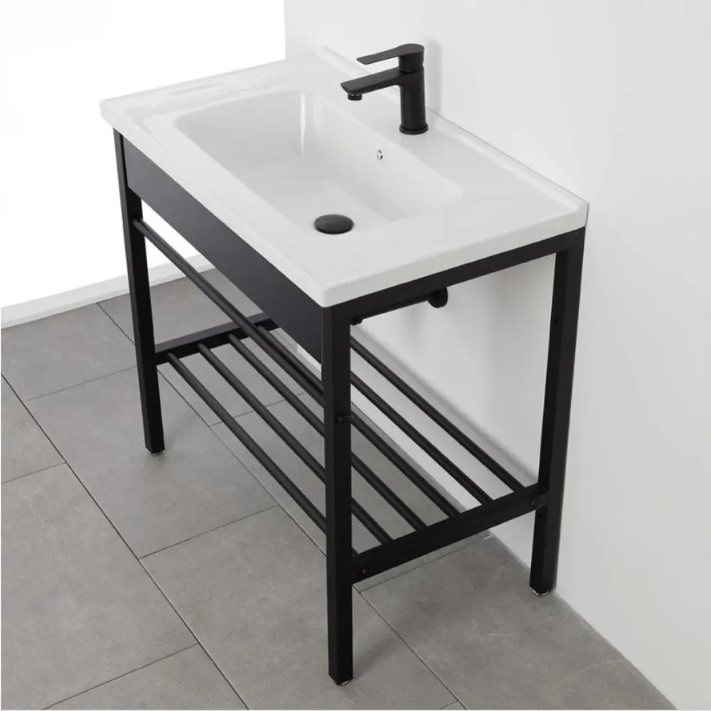 Mobile Bagno con Lavabo in Ceramica, Specchio e Sifone, Vano Portaoggetti, in Acciaio - 80 cm Nero