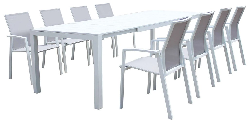 ALASKA - set tavolo in alluminio cm 214/280 x 100 x 75,5 h con 8 poltrone Lotus